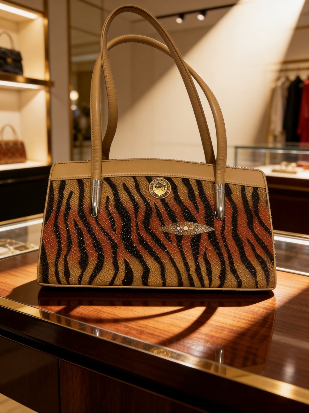 Rota genuine, stingray, Elegant Tan and Black Animal Print Handbag 11x6x2 - Picture 1 of 10